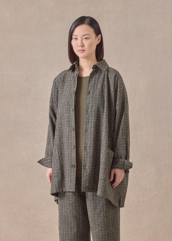 eskandar wool silk mix wide A-line shirt jacket with collar - long