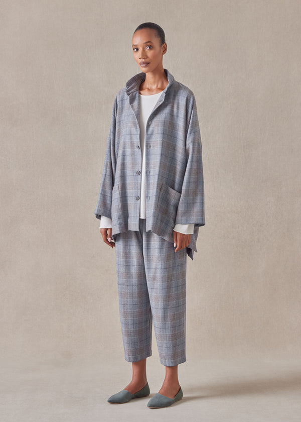 Eskandar Wool Silk Mix Wide Longer Back Double Stand Collar Jacket - Long