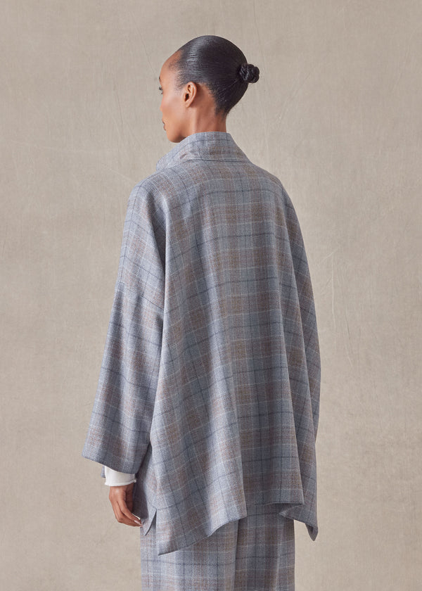 Eskandar Wool Silk Mix Wide Longer Back Double Stand Collar Jacket - Long