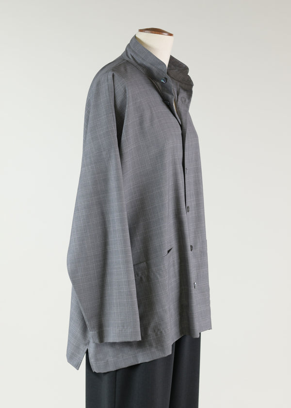 Eskandar Wool Wide A-line Double Stand Collarlar Shirt Jacket - Long