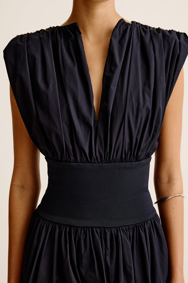 Esse Studios Cotton Gathered Mini Dress - Navy