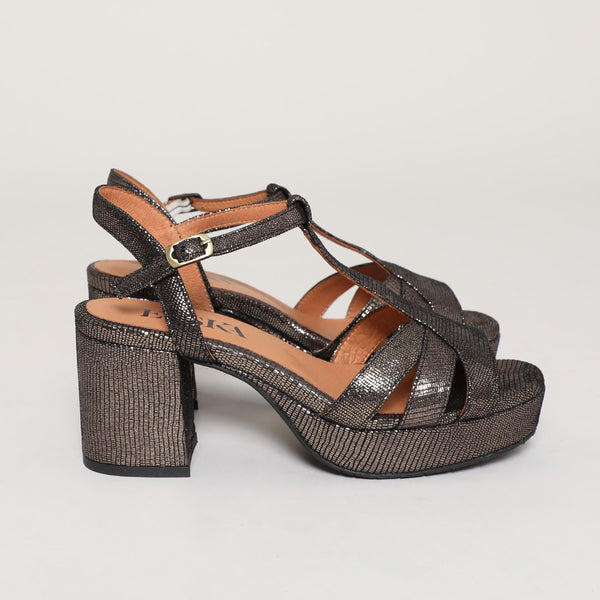 Esska Charlie Anthracite Metallic Mid Heel T-Bar Sandals