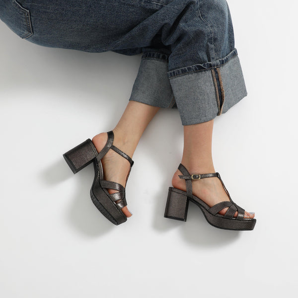 Esska Charlie Anthracite Metallic Mid Heel T-Bar Sandals
