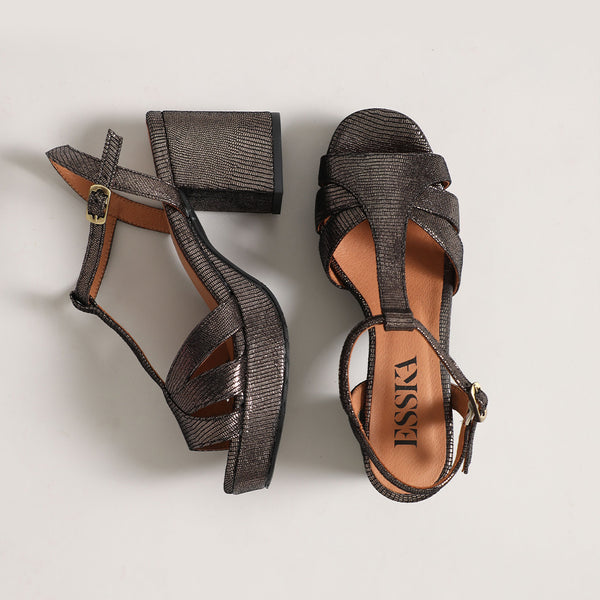 Esska Charlie Anthracite Metallic Mid Heel T-Bar Sandals