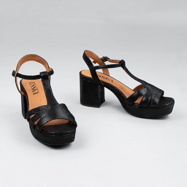 Esska Charlie Metallic Black Mid Heel T-Bar Sandals
