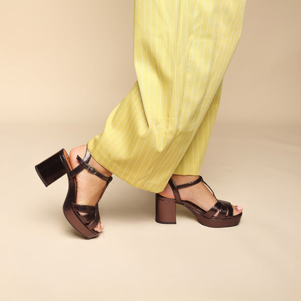 Esska Charlie Metallic Dark Brown Mid Heel T-Bar Sandals