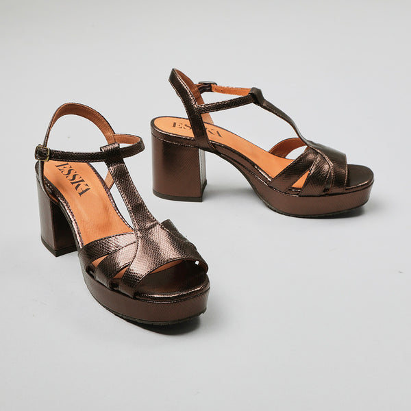 Esska Charlie Metallic Dark Brown Mid Heel T-Bar Sandals