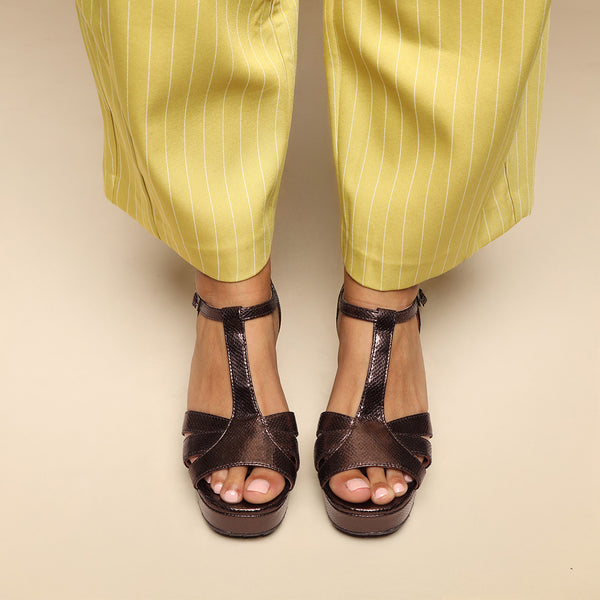 esska Charlie Metallic Dark Brown Mid Heel T-Bar Sandals