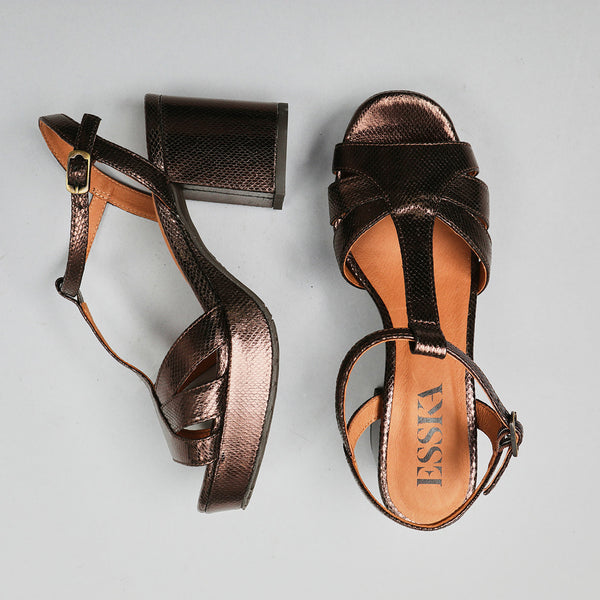 Esska Charlie WIDE Metallic Dark Brown Mid Heel T-Bar Sandals