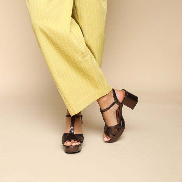 Esska Charlie WIDE Metallic Dark Brown Mid Heel T-Bar Sandals