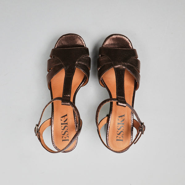 Esska Charlie WIDE Metallic Dark Brown Mid Heel T-Bar Sandals