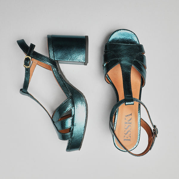Esska Charlie WIDE Metallic Teal Mid Heel T-Bar Sandals