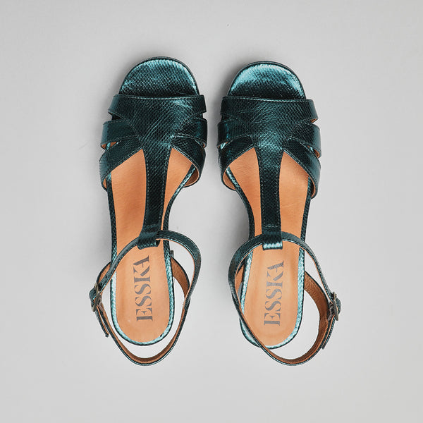 Esska Charlie WIDE Metallic Teal Mid Heel T-Bar Sandals