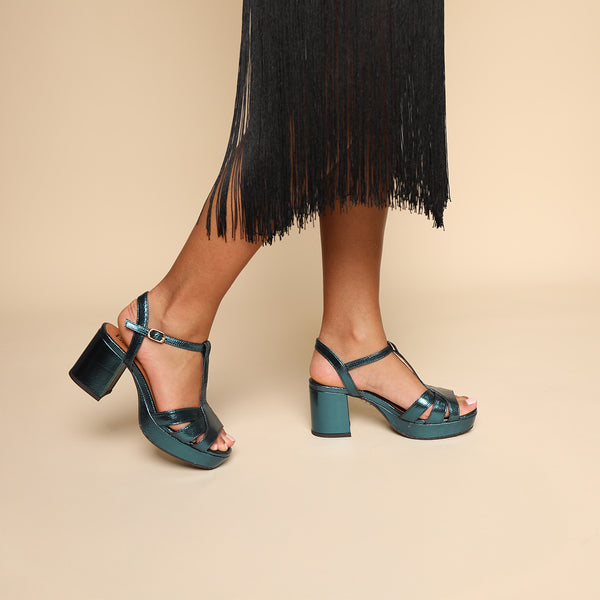 esska Charlie WIDE Metallic Teal Mid Heel T-Bar Sandals