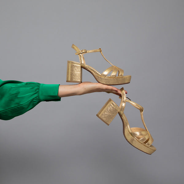 Esska Charlie WIDE Vegan Gold Mid Heel T-Bar Sandals