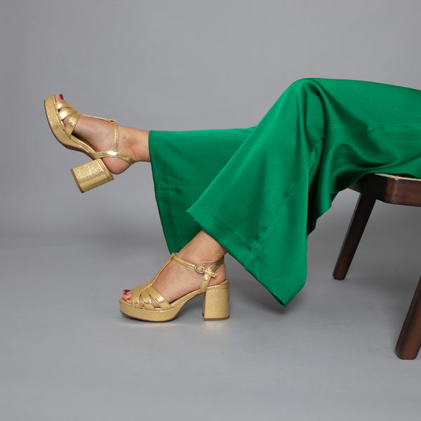 Esska Charlie WIDE Vegan Gold Mid Heel T-Bar Sandals