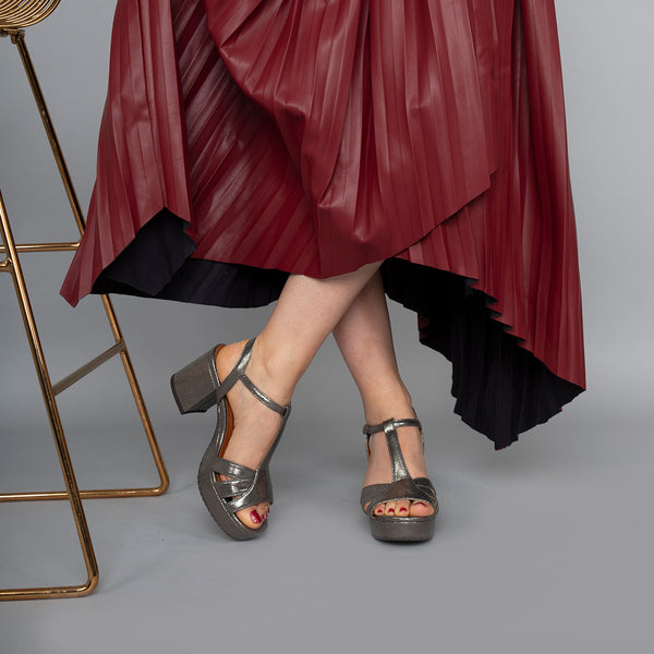 Esska Charlie WIDE Vegan Gunmetal Mid Heel T-Bar Sandals