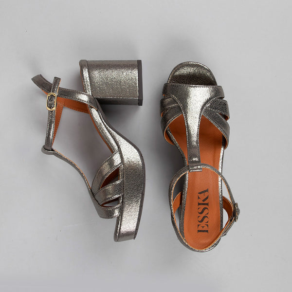 Esska Charlie WIDE Vegan Gunmetal Mid Heel T-Bar Sandals