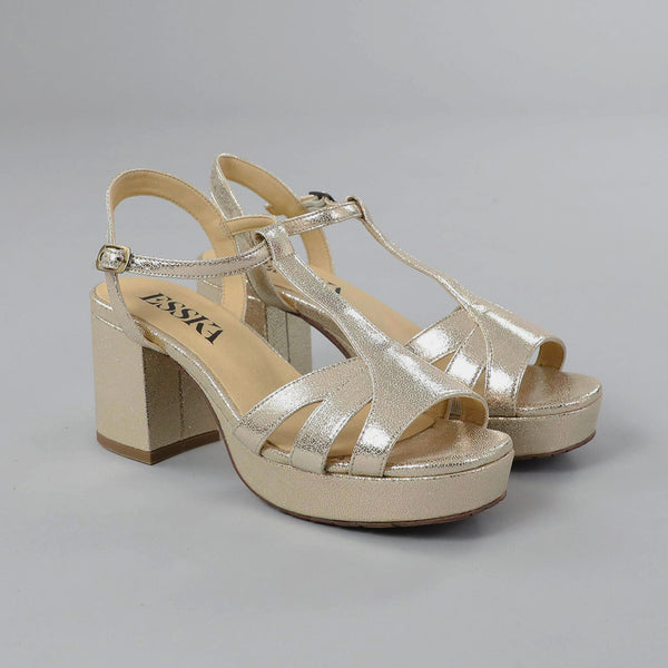 Esska Charlie WIDE Vegan Platinum Mid Heel T-Bar Sandals
