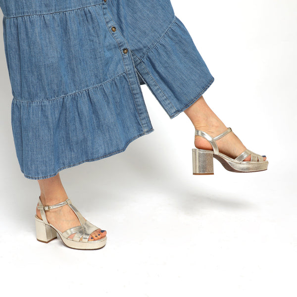 esska Charlie WIDE Vegan Platinum Mid Heel T-Bar Sandals