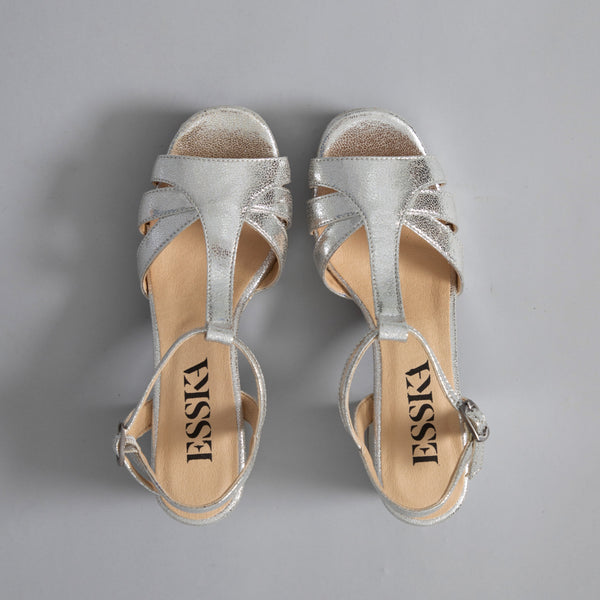 Esska Charlie WIDE Vegan Silver Mid Heel T-Bar Sandals