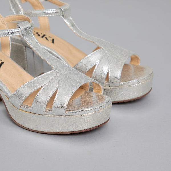 Esska Charlie WIDE Vegan Silver Mid Heel T-Bar Sandals