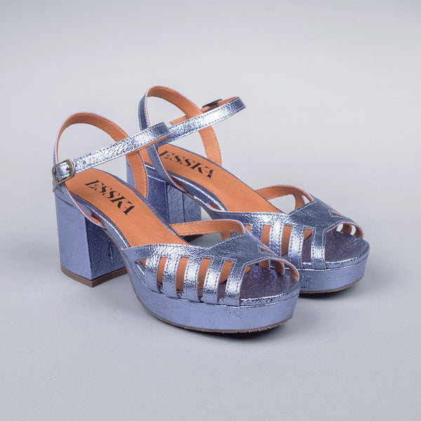 Esska Cristi Metallic Indigo Mid Heel T-Bar Sandals