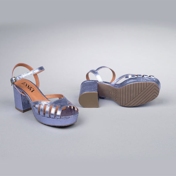 Esska Cristi Metallic Indigo Mid Heel T-Bar Sandals