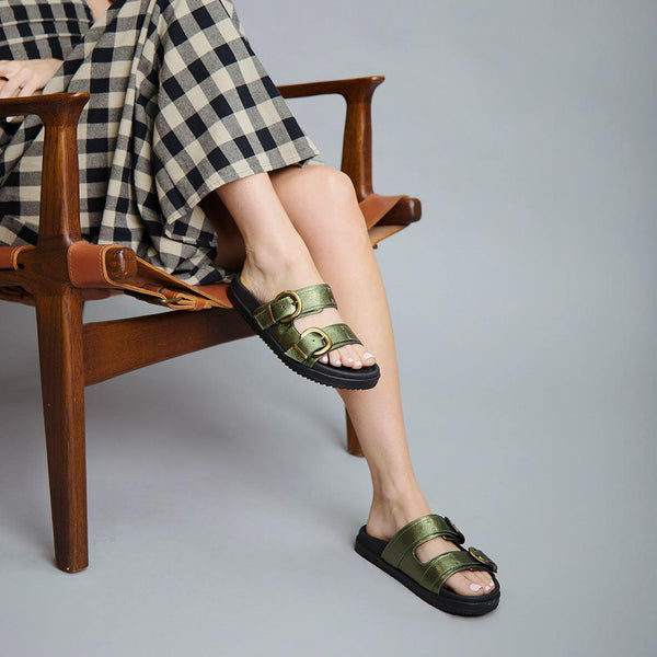 esska Amelie Metallic Green Flat Sandal