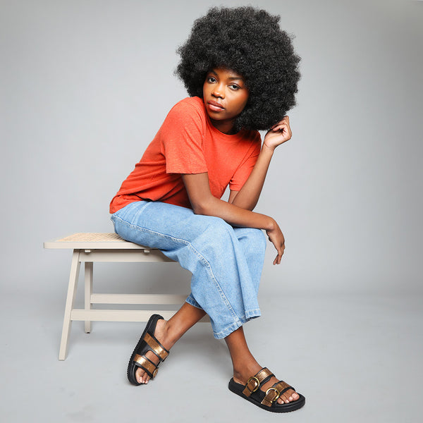 Esska Amelie Vegan Black + Bronze Flat Sandal