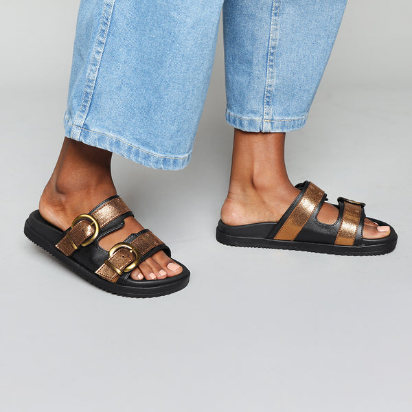 esska Amelie Vegan Black + Bronze Flat Sandal