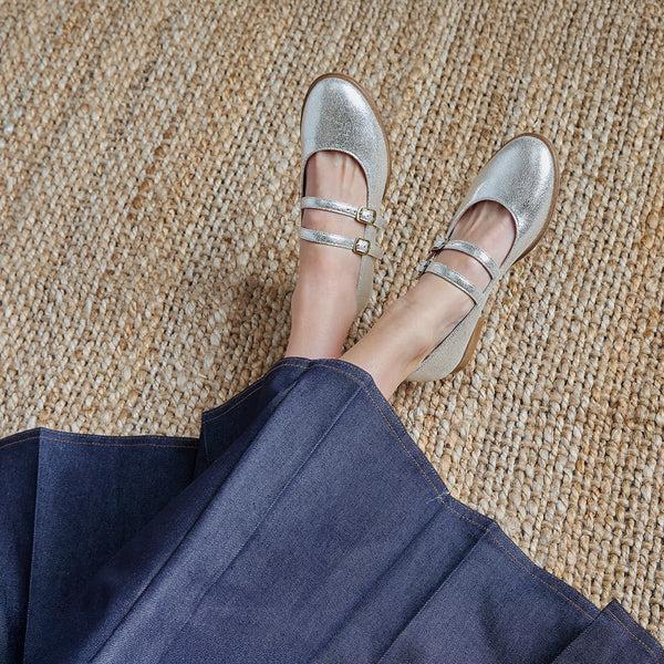 esska Anya Vegan Silver Flat Shoe