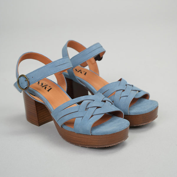 esska Carlota Blue Mid Heel T-Bar Sandals
