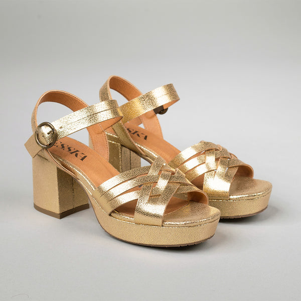 Esska Carlota Vegan Gold Mid Heel T-Bar Sandals