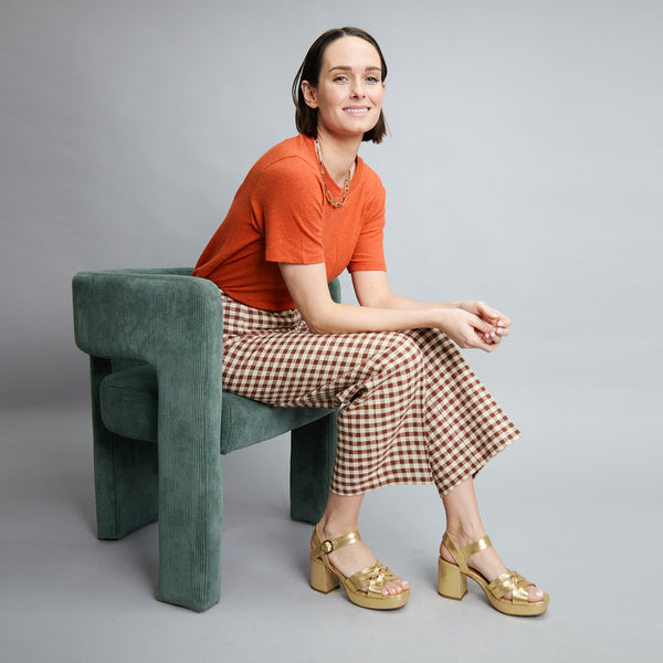 Esska Carlota Vegan Gold Mid Heel T-Bar Sandals