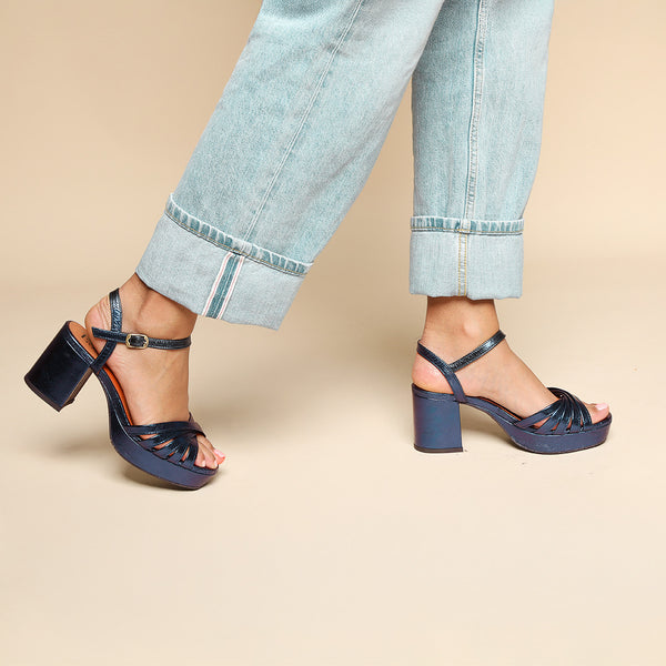 Esska Casey Metallic Navy Mid Heel Sandal
