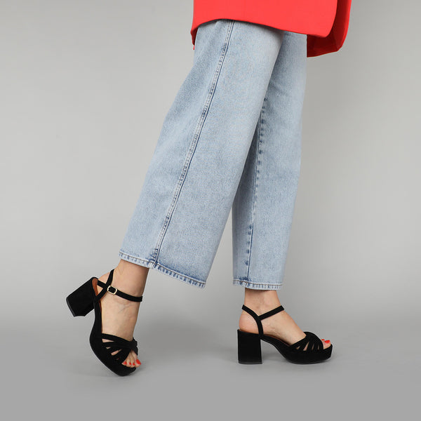 Esska Casey Suede Black Mid Heel Sandal