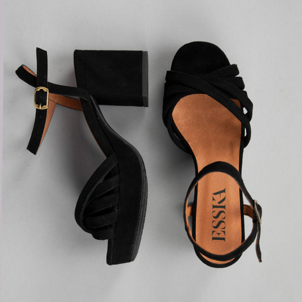 Esska Casey Suede Black Mid Heel Sandal