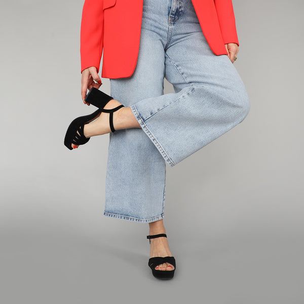 esska Casey Suede Black Mid Heel Sandal