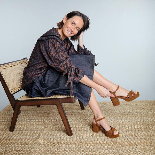 esska Casey Suede Tan Mid Heel Sandal