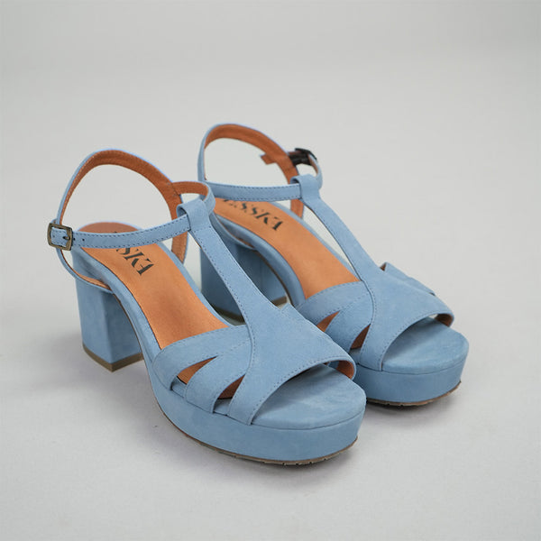 Esska Charlie Blue Mid Heel T-Bar Sandals