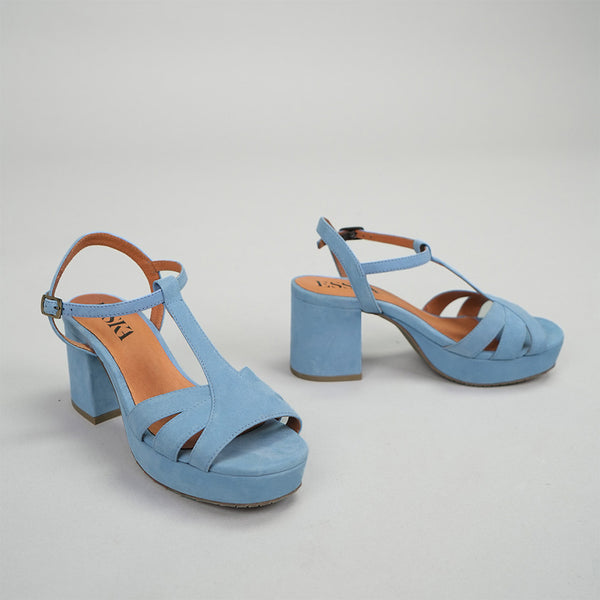 Esska Charlie Blue Mid Heel T-Bar Sandals