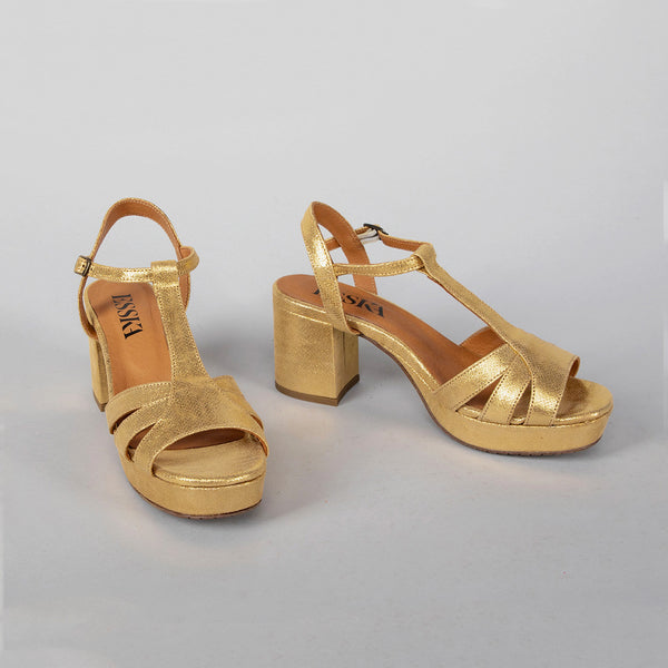 Esska Charlie Gold Mid Heel T-Bar Sandals