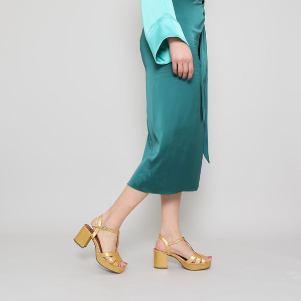 Esska Charlie Gold Mid Heel T-Bar Sandals