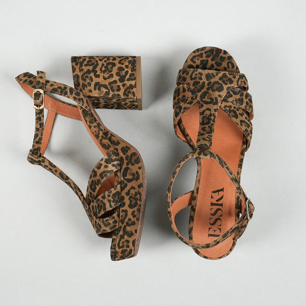 Esska Charlie Leopard Mid Heel T-Bar Sandals