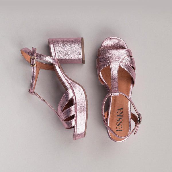 Esska Charlie Metallic Pink Mid Heel Shoe