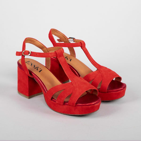 Esska Charlie Red Suede Mid Heel T-Bar Sandal