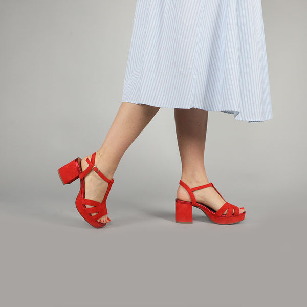 Esska Charlie Red Suede Mid Heel T-Bar Sandal