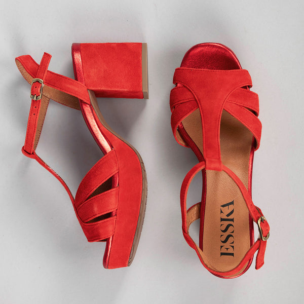 Esska Charlie Red Suede Mid Heel T-Bar Sandal