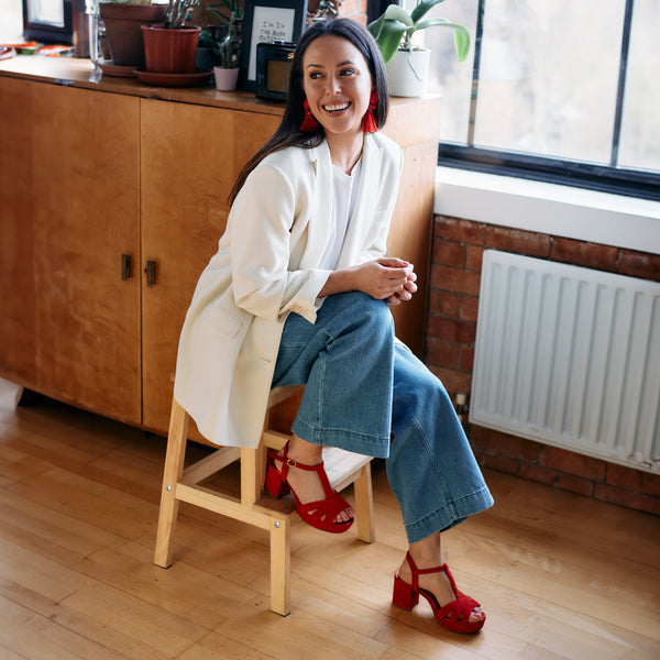 esska Charlie Red Suede Mid Heel T-Bar Sandal